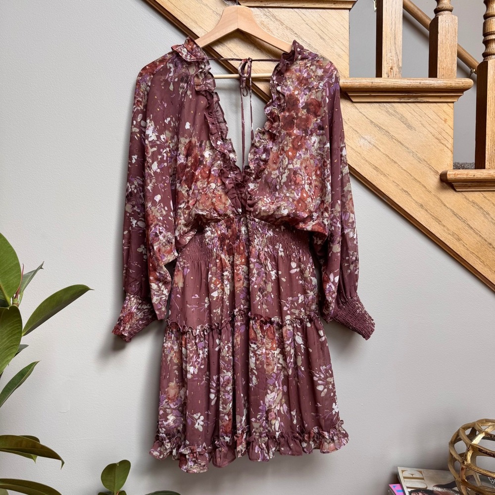 Boho Floral Smocked Waist Ruffle Mini Dress Burgundy Fairy Goblincore Sm Derby - Picture 4 of 11